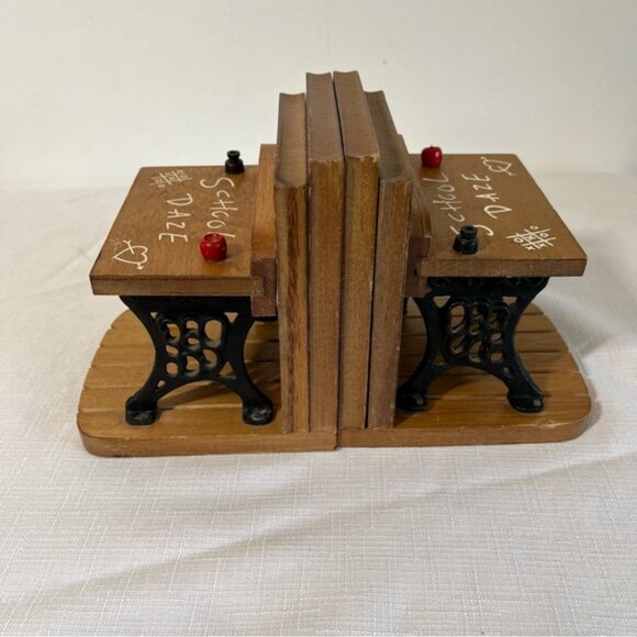 Vintage School Daze Enesco Cast Iron Wood BOOK ENDS Vintage 1970s Pair Teacher - Picture 10 of 10